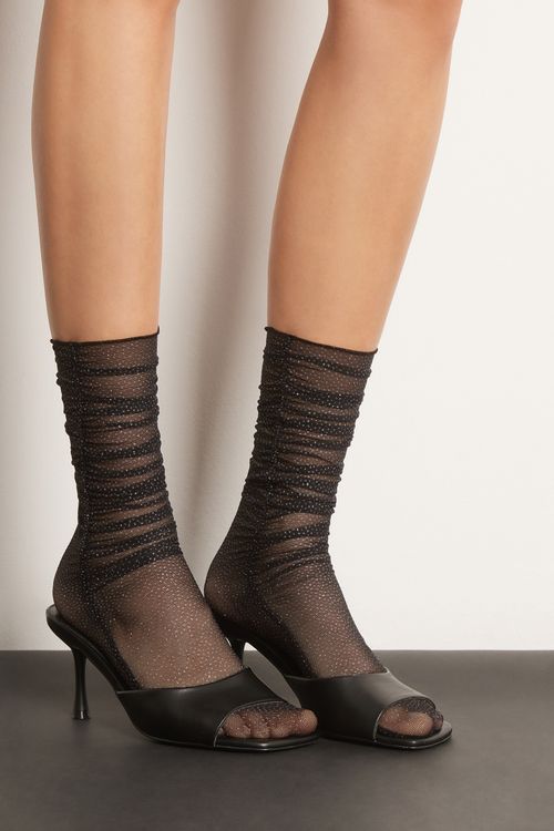 Meia Curta Transparente Franzida Com Glitter - Preto
