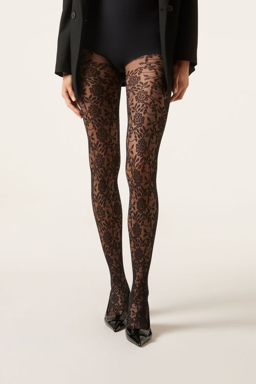 Meia-Calça Em Tule Com Padrão De Renda Floral Fio 40 - Preto