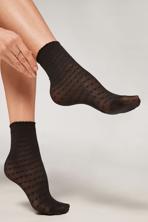 Meia Curta Em Tule Com Padrão De Corações - Preto
