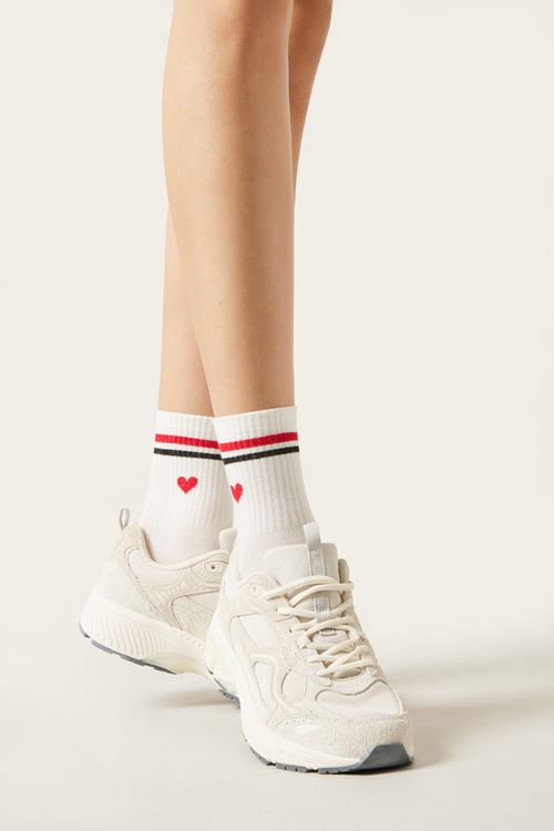 Meia Curta Com Corações - Off-White