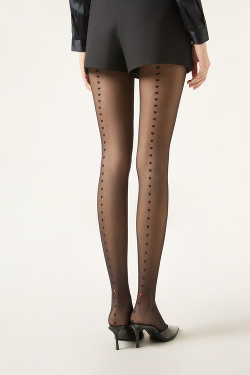 Meia-Calça Transparente Com Detalhe Com Corações - Preto