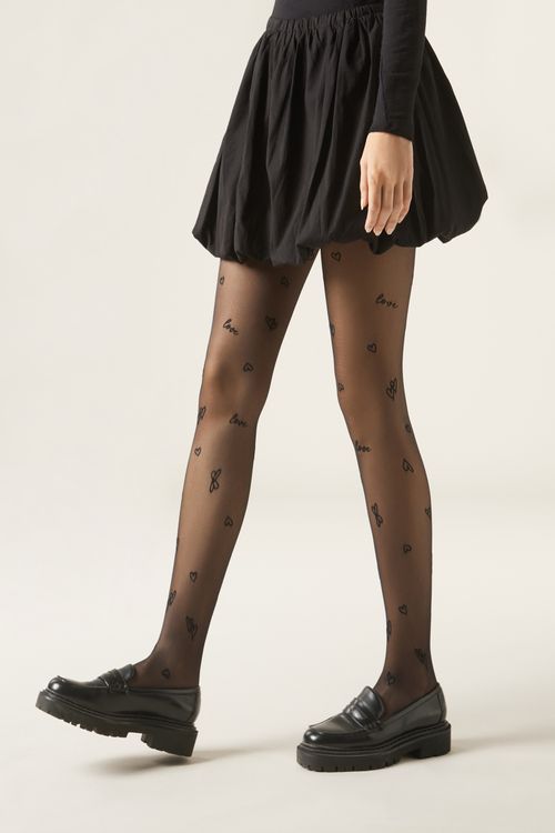 Meia-Calça Transparente Com Corações e Love - Preto