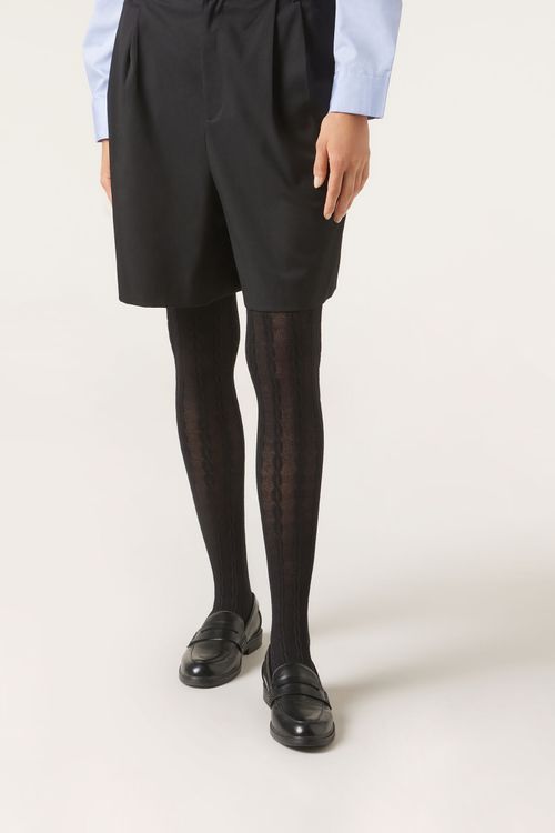 Meia-Calça Com Padrão Trançado Com Cashmere - Preto