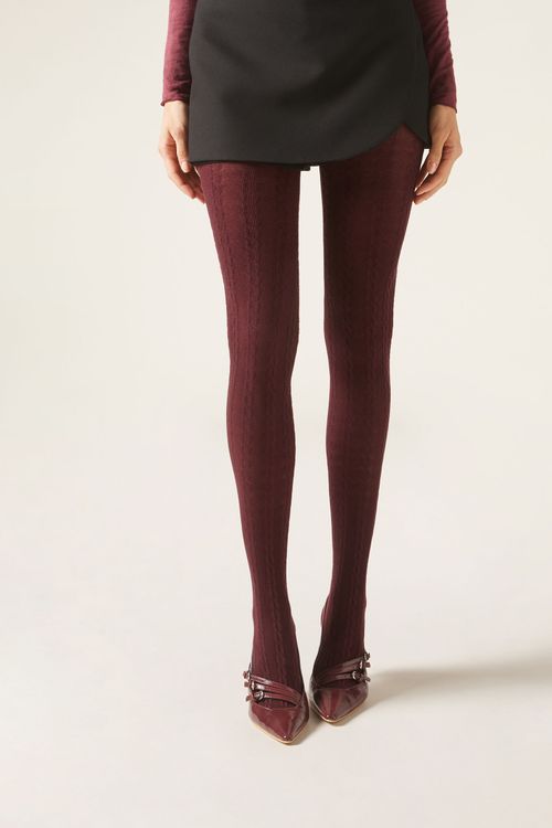 Meia-Calça Com Padrão Trançado Com Cashmere - Bordô
