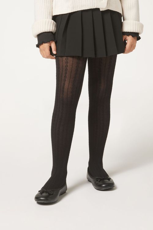 Meia-Calça Com Padrão Trançado Com Cashmere Infantil - Preto