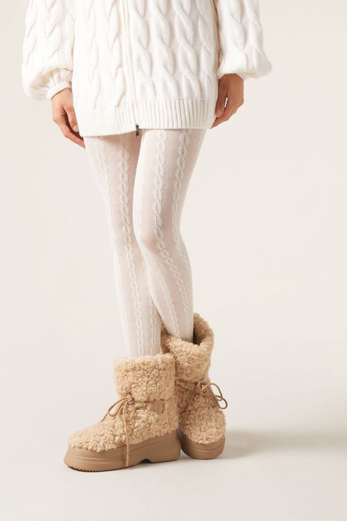 Meia-Calça Com Padrão Trançado Com Cashmere - Branco