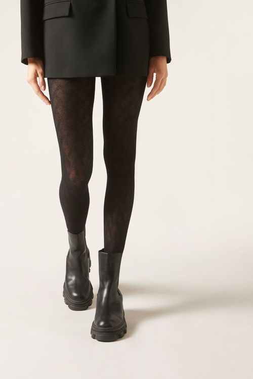 Meia-Calça Com Cashmere Trabalhada - Preto
