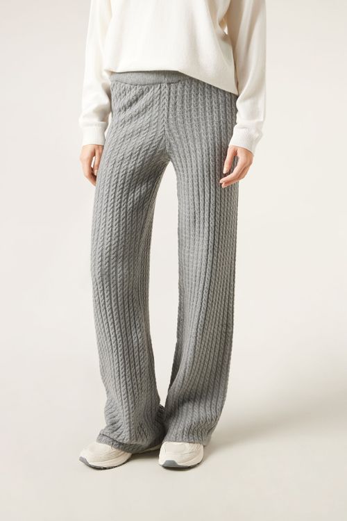 Calça Pantalona Em Malha Canelada - Cinza