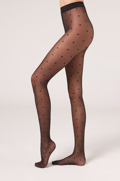 Meia-Calça Com Poás De Corações Fio 30 - Preto