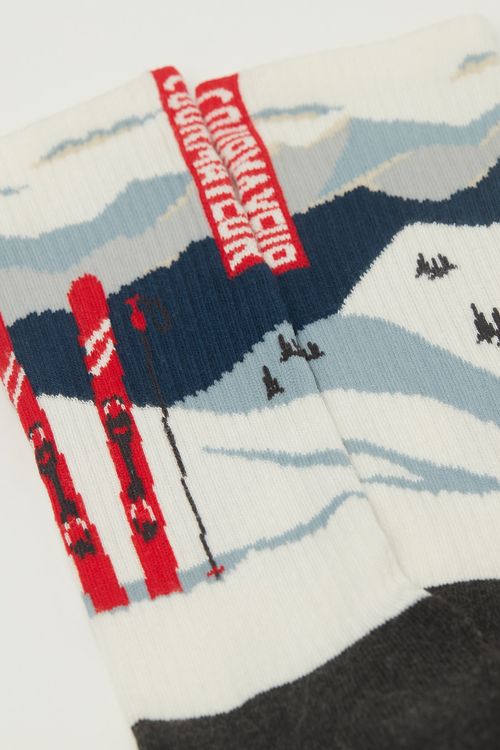 Meia Com Cashmere e Estampa De Montanha - Preto