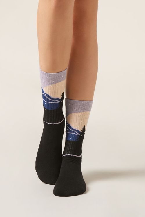 Meia Com Cashmere e Estampa De Montanha - Preto