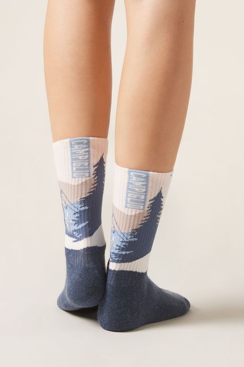 Meia Com Cashmere e Estampa De Montanha - Azul