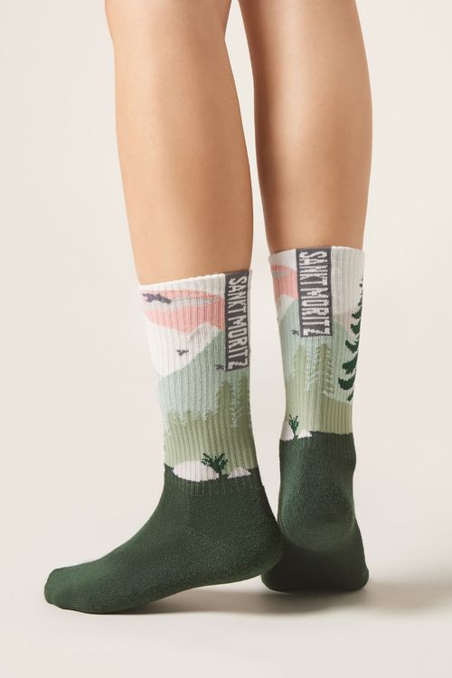Meia Com Cashmere e Estampa De Montanha - Verde