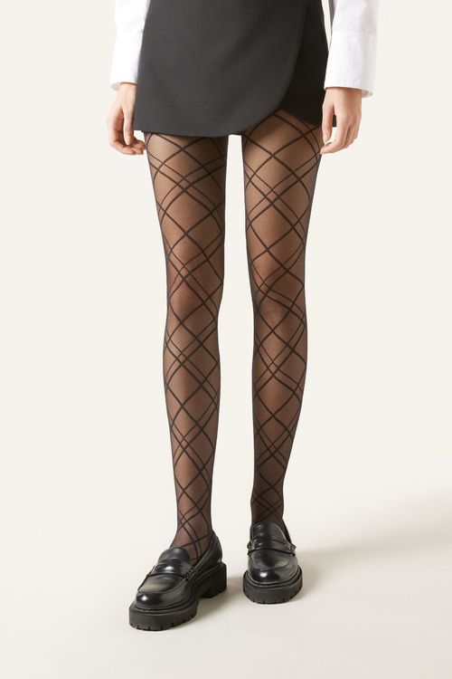 Meia-Calça Transparente Com Losangos - Preto