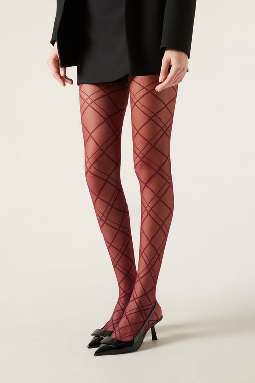 Meia-Calça Transparente Com Losangos - Bordô