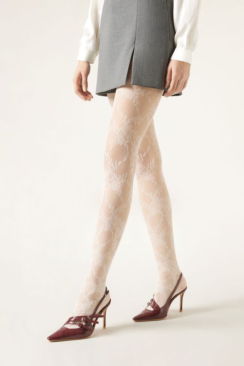 Meia-Calça Em Tule Floral - Branco