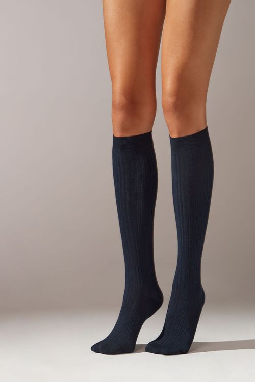 Meia Alta Com Cashmere Canelada - Azul