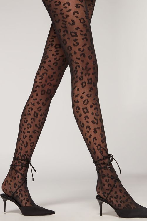 Meia-Calça Transparente Animal Print Fio 30 - Preto