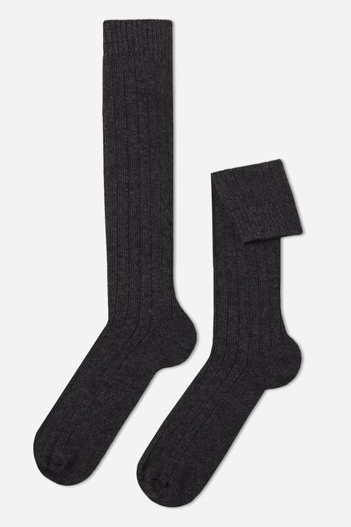 Meia Alta Canelada Em Lã e Cashmere - Cinza