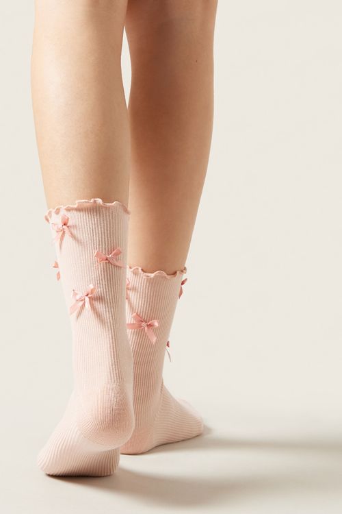 Meia Curta Com Laços - Rosa