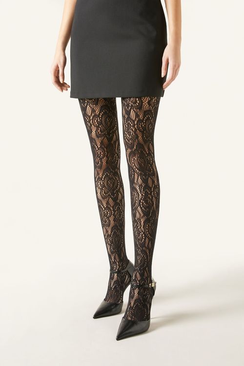 Meia-Calça Arrastão Com Efeito Macramé - Preto