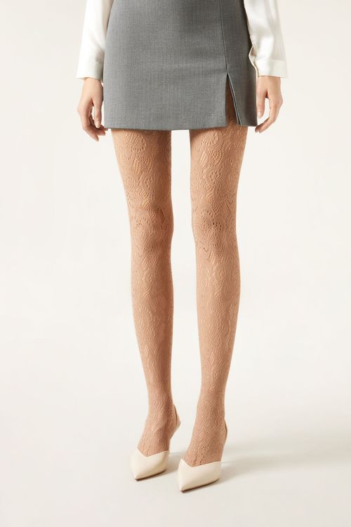 Meia-Calça Arrastão Com Efeito Macramé - Bege