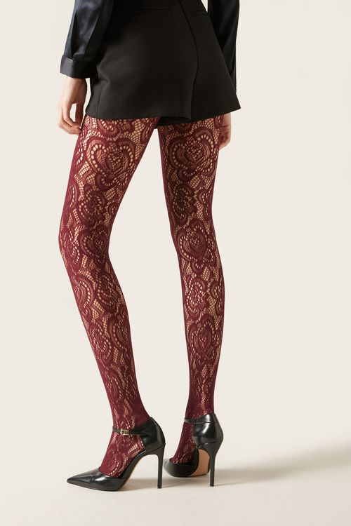 Meia-Calça Arrastão Com Efeito Macramé - Bordô