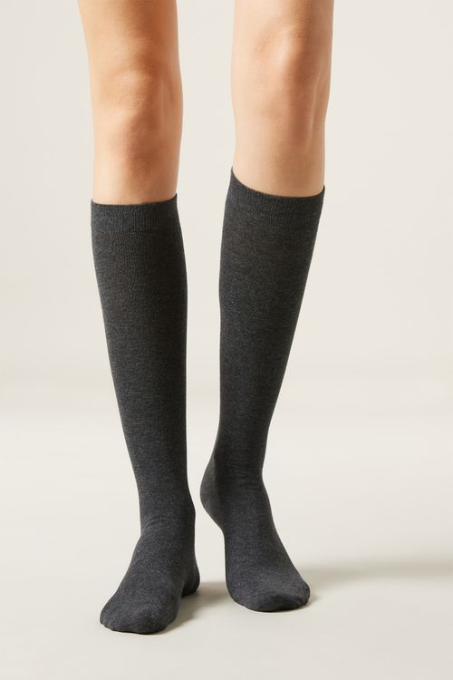 Meia Alta Em Algodão Acetinado - Cinza