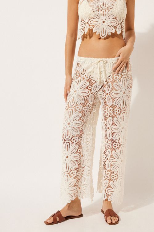 Calça Pantalona Em Crochê Floral - Off-White