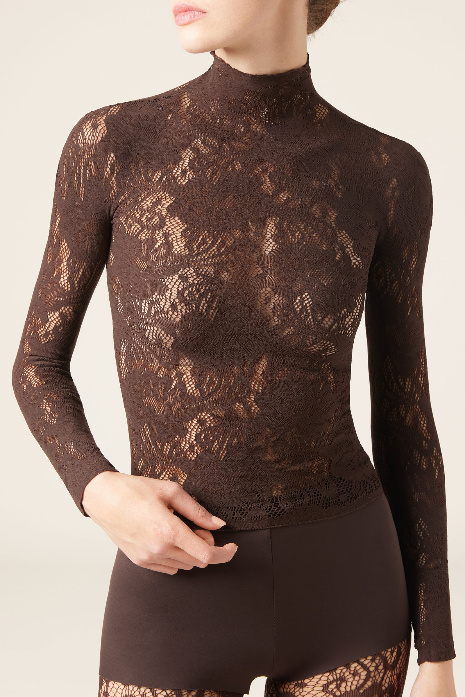 Blusa Em Renda Com Padrão Floral - Marrom